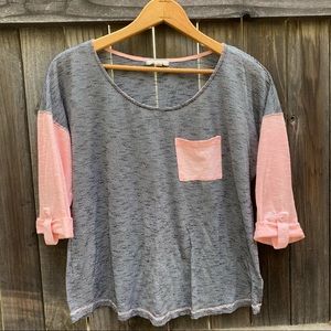 Pink and grey striped 3/4 length sleeved tee